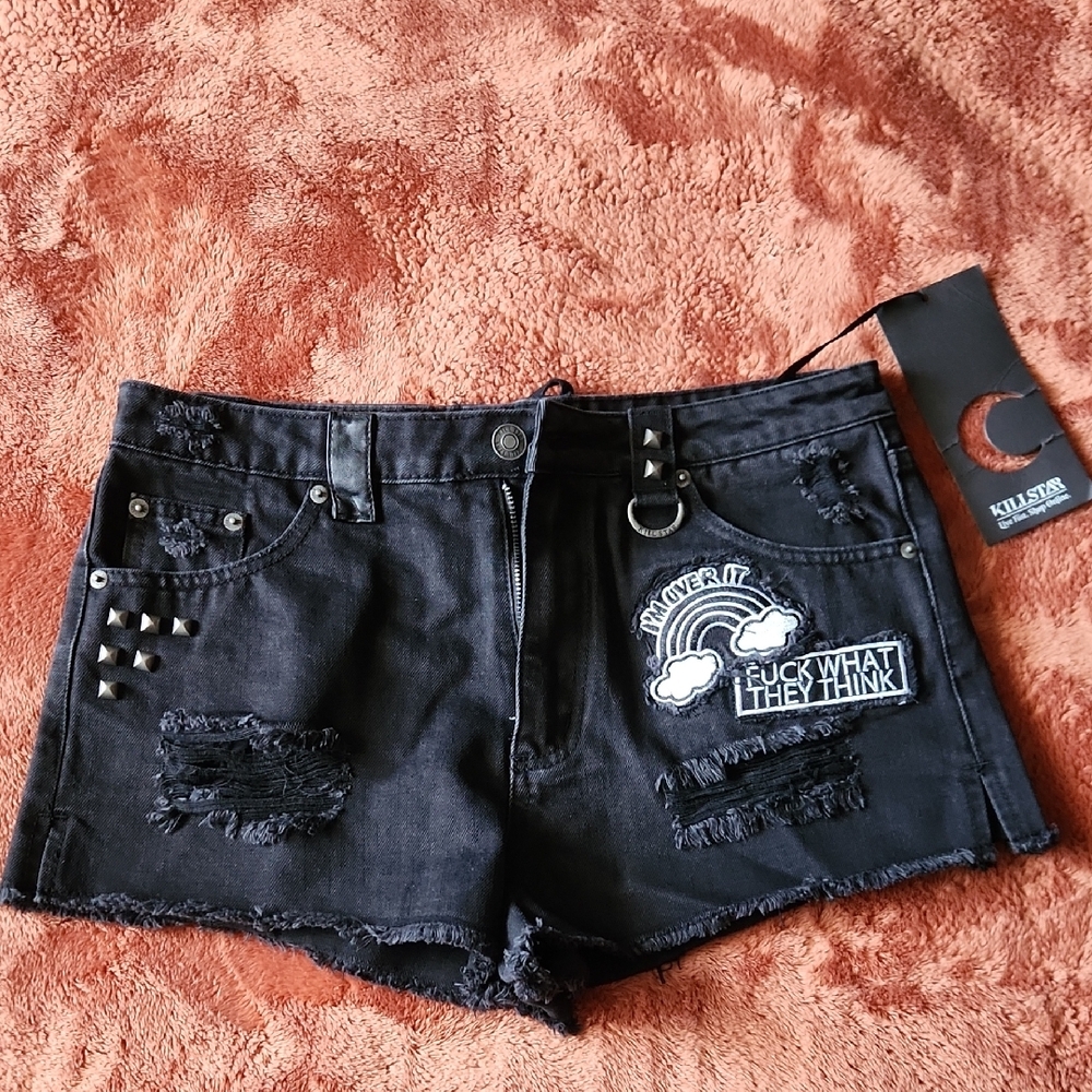 Killstar Black Denim Shorts with Patches NEW WITH TAGS!